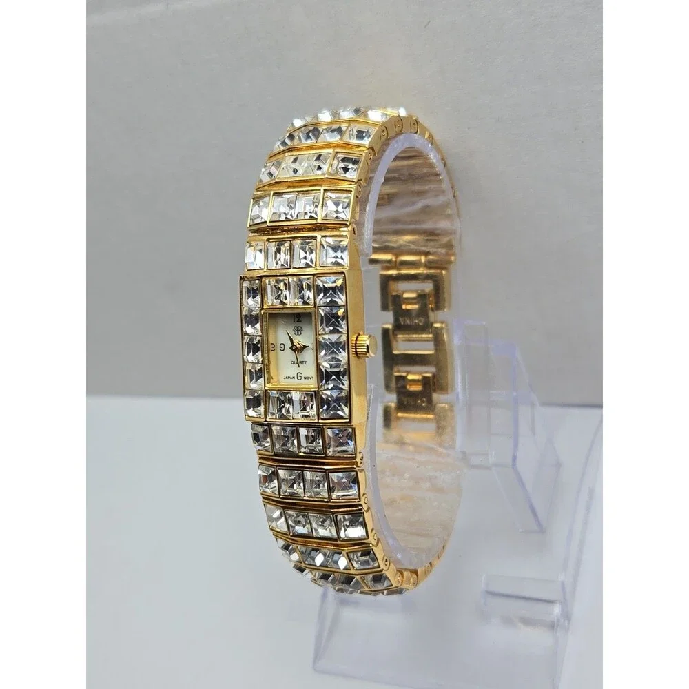 Vintage Suzanne Somers Gold Tone Rhinestone Bracelet Tank MOP Watch New Battery